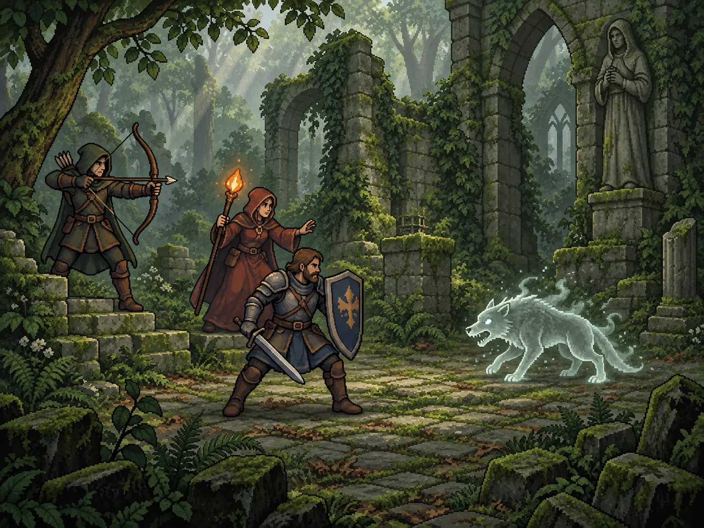 A warrior, archer and mage fighting together in forest ruins.
