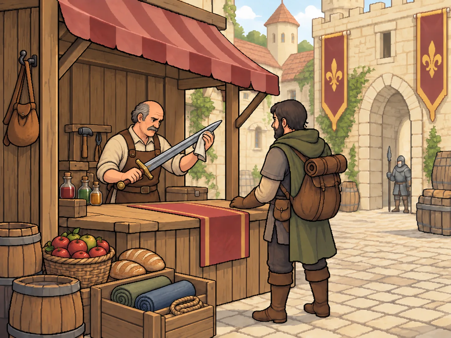 A merchant inspecting a sword brought by an adventurer at a daytime market stall.